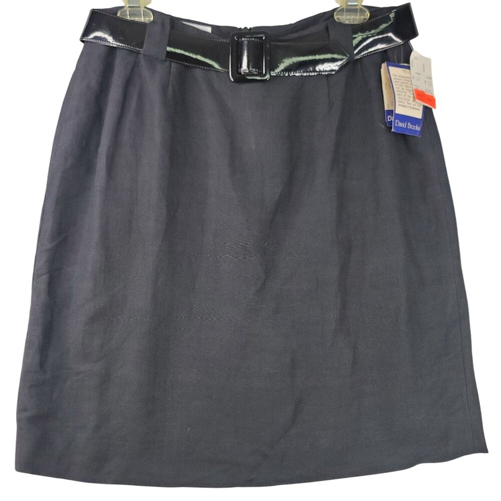 David Brooks Vintage Black Knee Length Linen Skirt Size 12 Patent Belt USA New